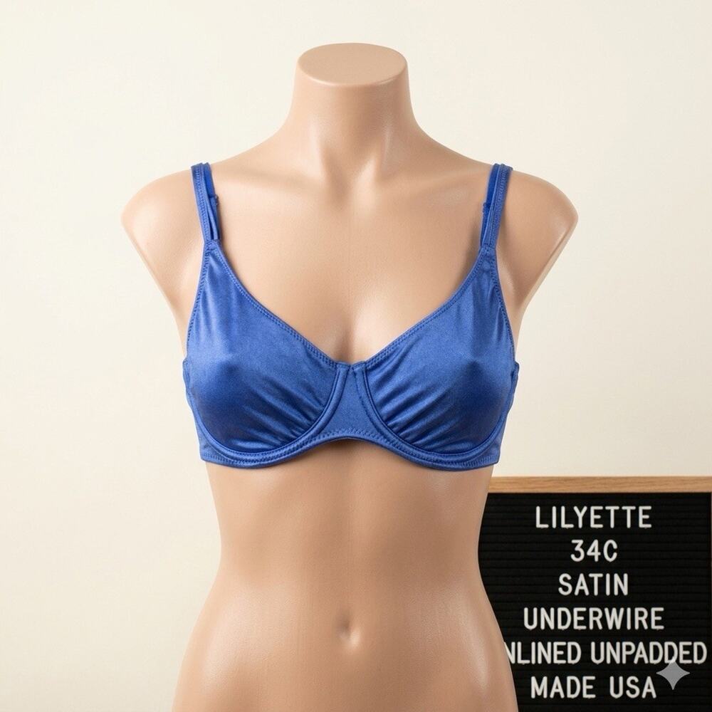 VTG Lilyette 34C Bra Royal Blue Satin Second Skin Unlined Made in USA Retro